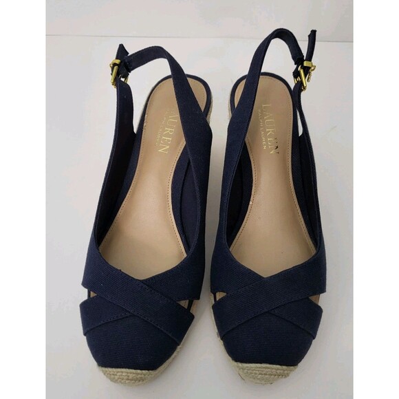 RALPH LAUREN Sandals Womens 7.5 Hadly Navy Blue Wedge Slingback Espadrilles - Picture 2 of 9
